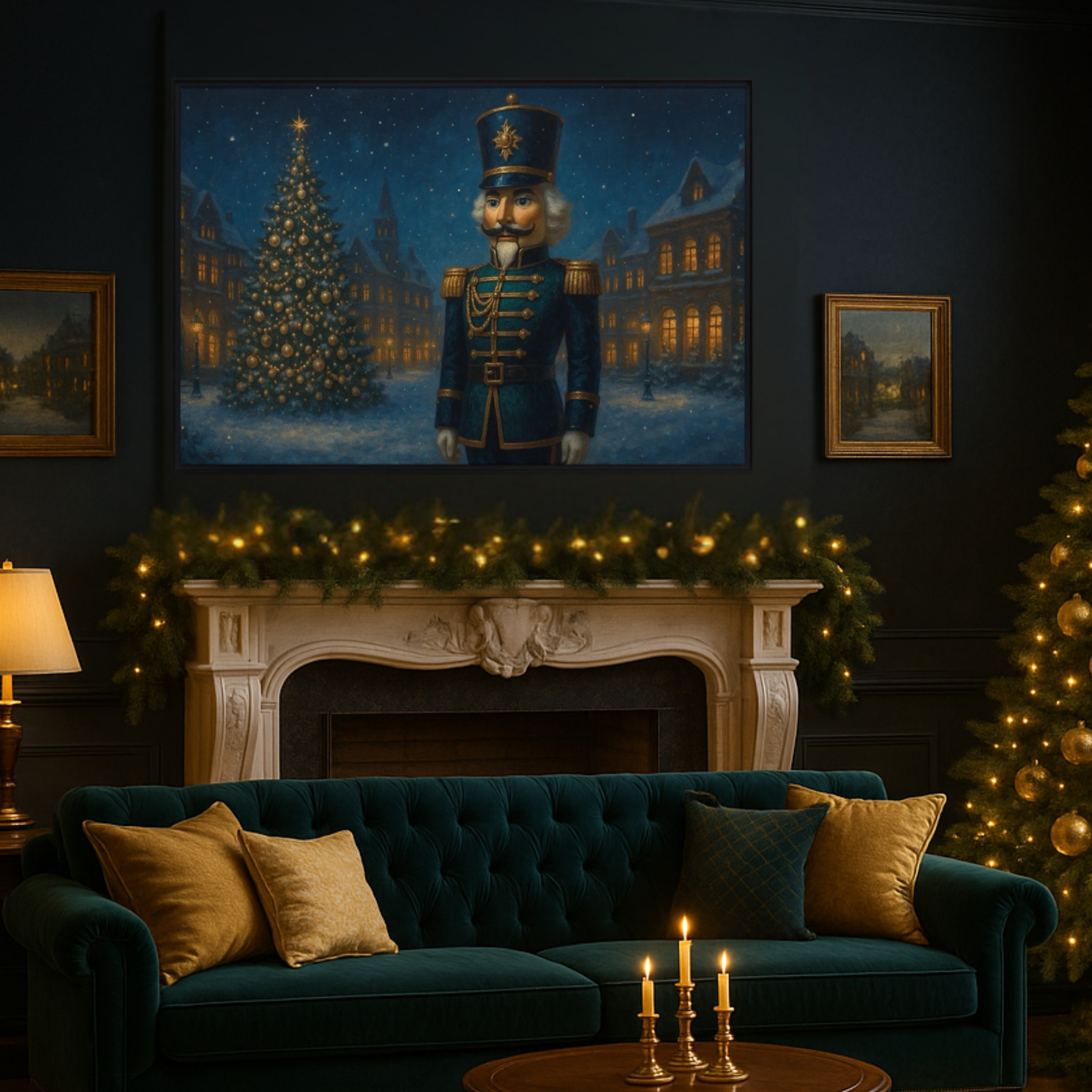 Dark moody room with rich teal sofa and dramatic holiday styling