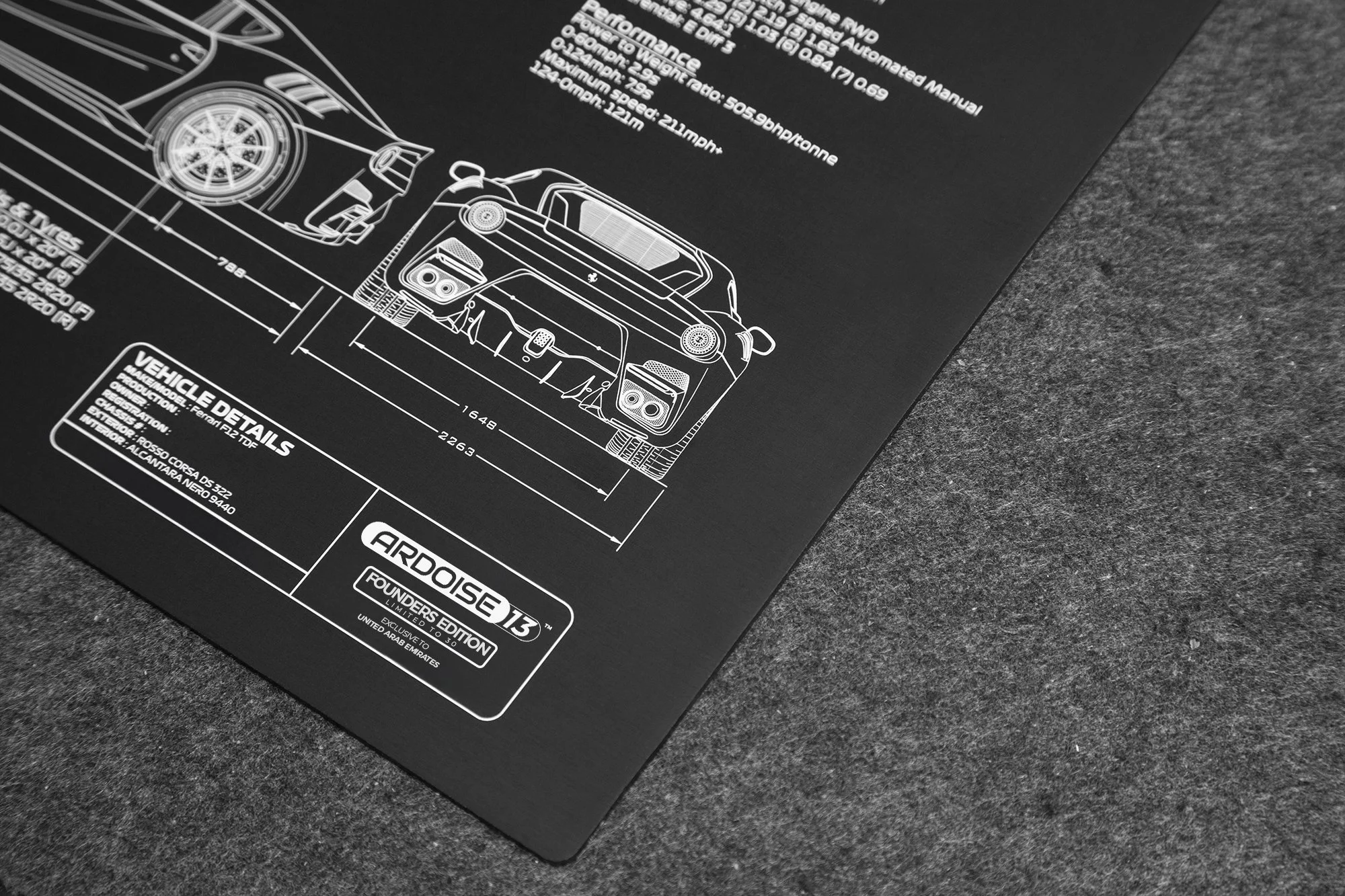 Technical blueprint of a vehicle with detailed measurements, specifications, and branding for the Ardict13 Founders Edition car on a dark background.