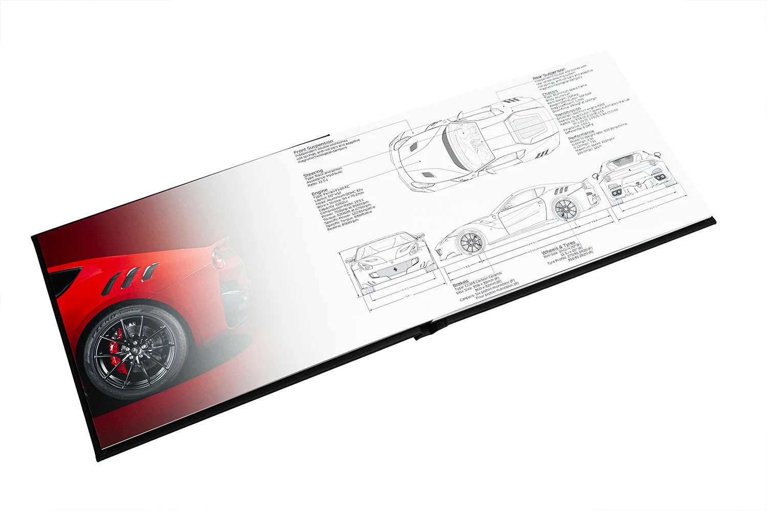 Car blueprint or technical drawing featuring diagrams and specifications of a red sports car, including front, side, and rear views.