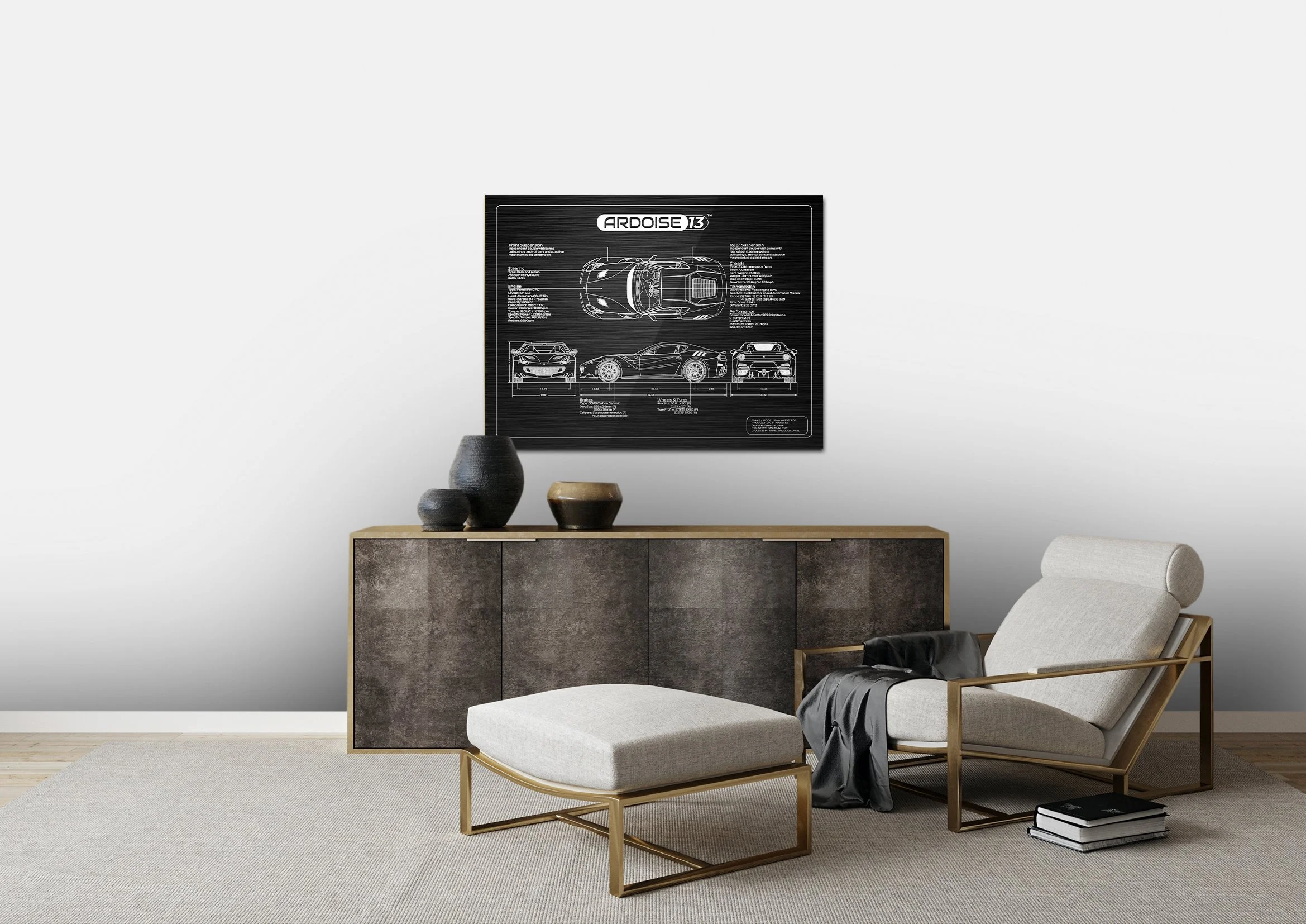 Modern interior living room with a white armchair and ottoman with brass framing, a dark textured sideboard with decorative vases on top, and a black automotive blueprint poster hanging on the white wall above.