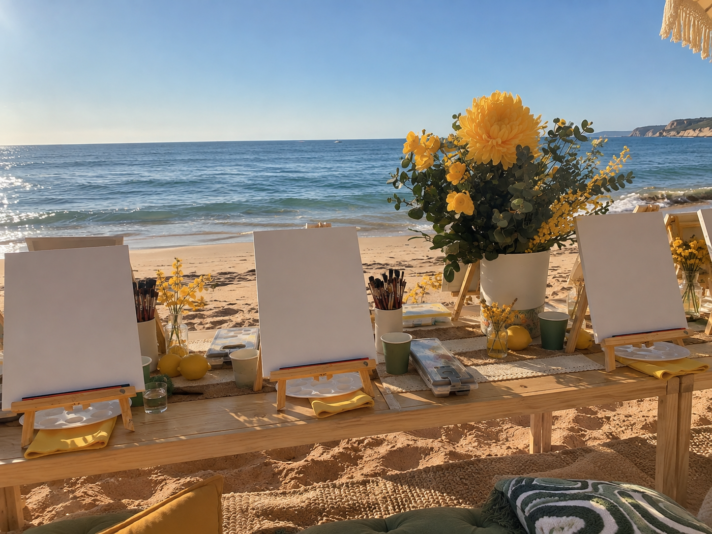 Beachside art setup with easels, paintbrushes, and yellow flowers on a wooden table near the ocean.