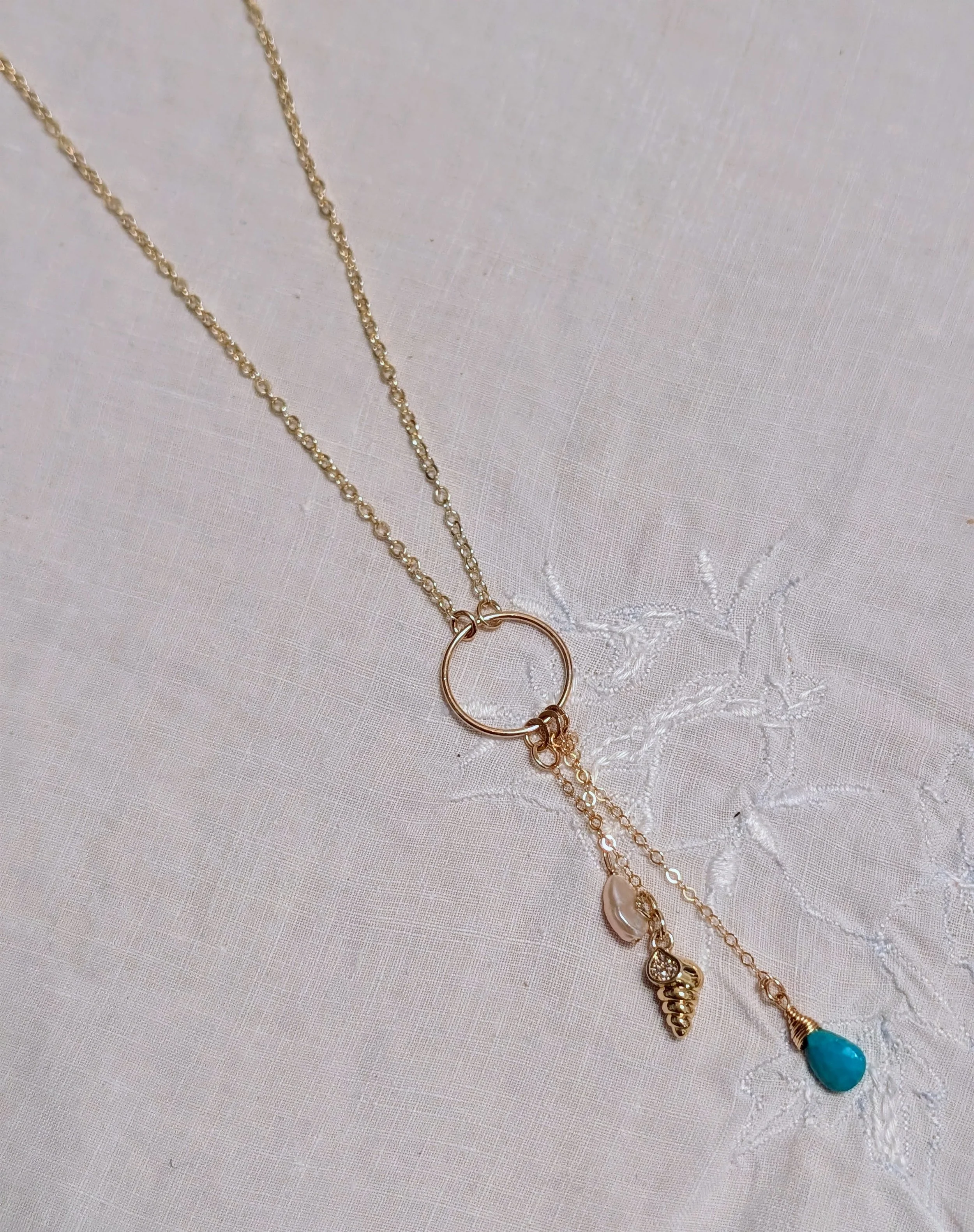 Turquoise and Freshwater Pearl Necklace with Beachy Charm