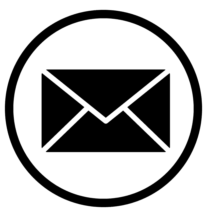 Black and white email icon within a circle.