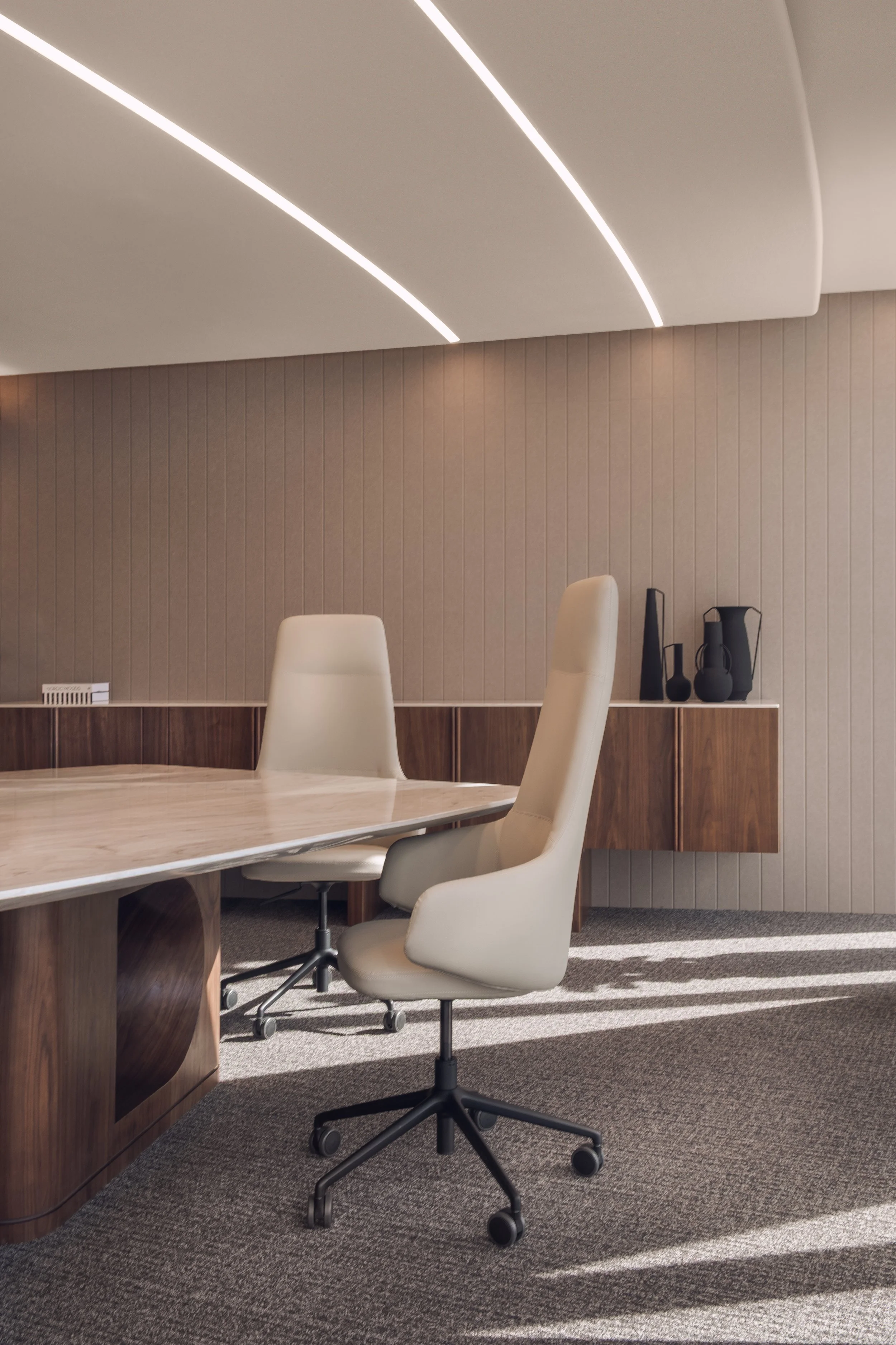 Boardroom interior at White & Case office in Tornado Tower Doha photographed by architectural interior photographer Pedro Ferr showing curved ceiling lighting and warm material palette