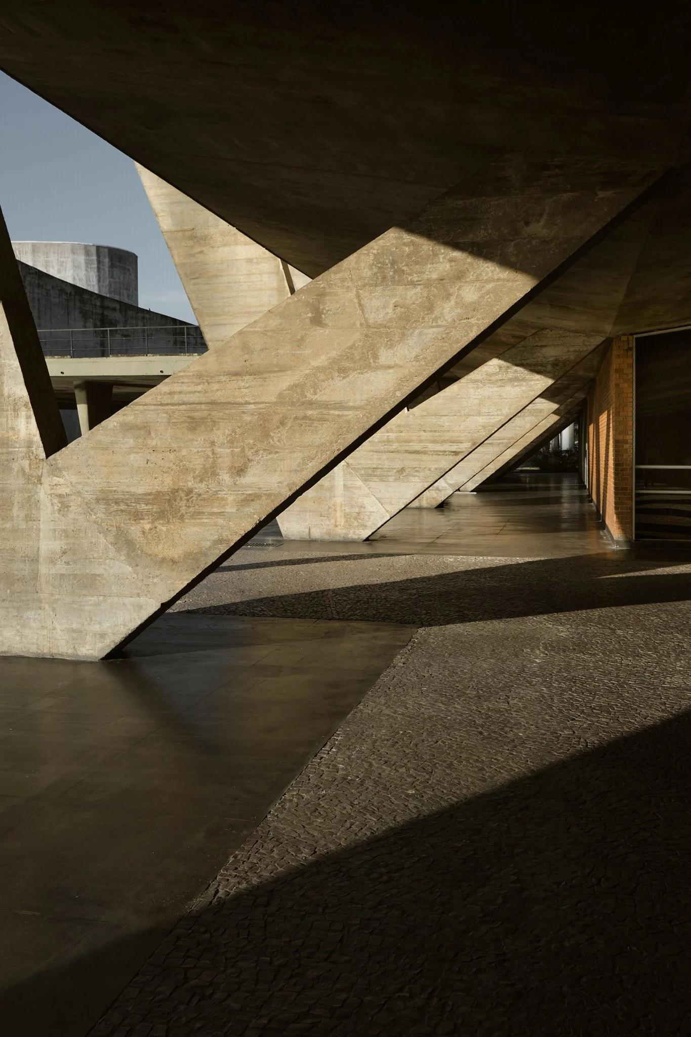 Detalhe dos pilotis em V do MAM Rio, estrutura de concreto de Affonso Reidy com luz lateral