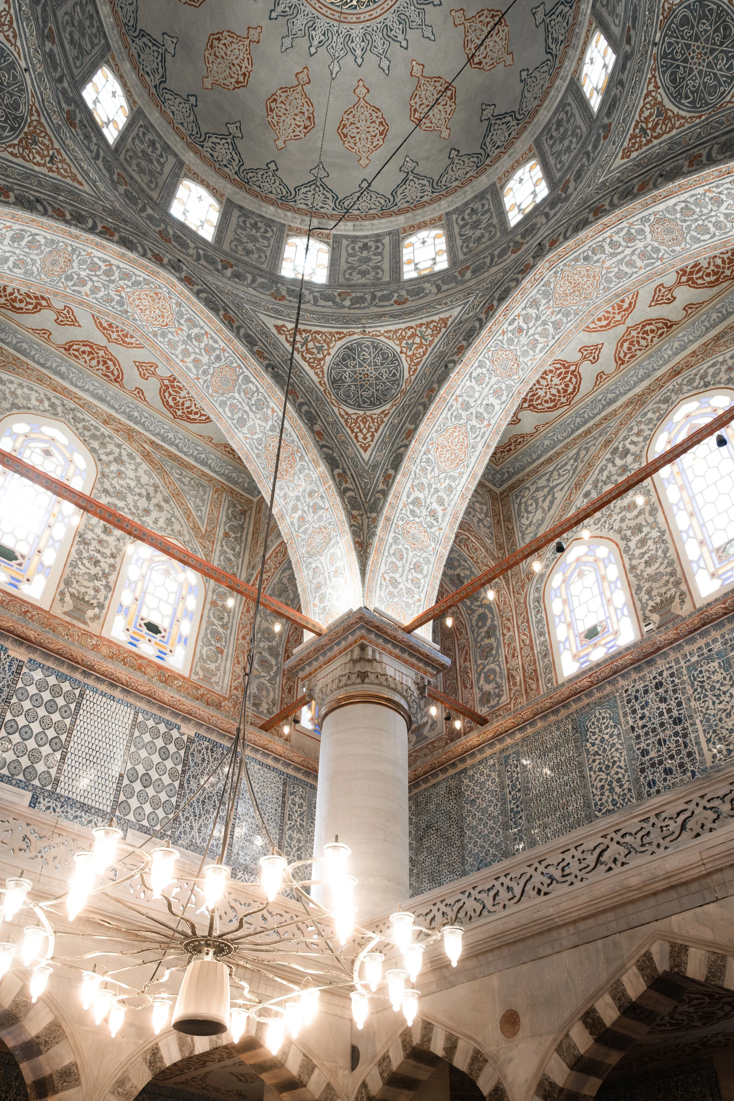 Close-up of interior dome with painted ornaments inside the Blue Mosque in Istanbul.