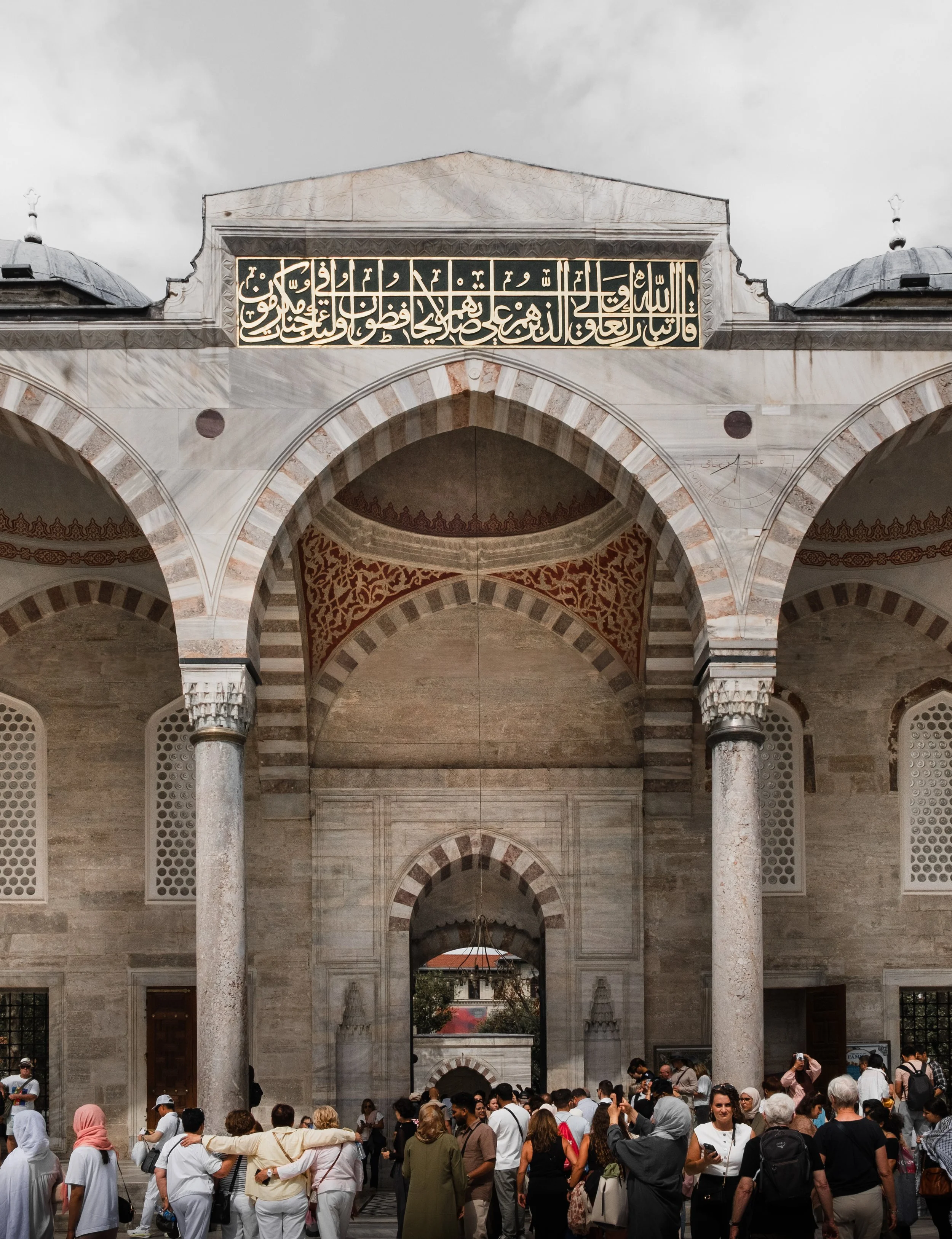 Visitors gathered at the main entrance of the Blue Mosque in Istanbul.