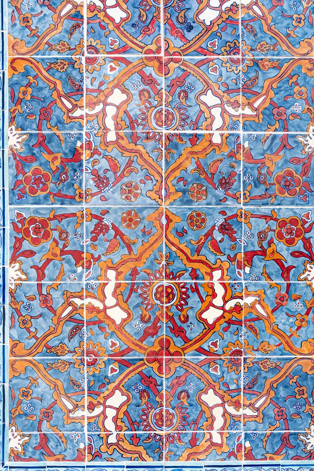Close-up of Persian and Turkish mosaic tile details at Katara Mosque.