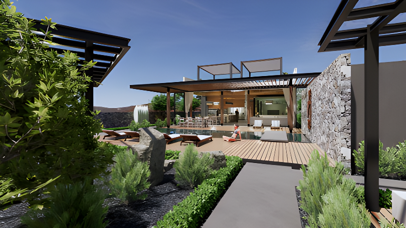 Jardín y terraza de una casa moderna con muebles y áreas de descanso.