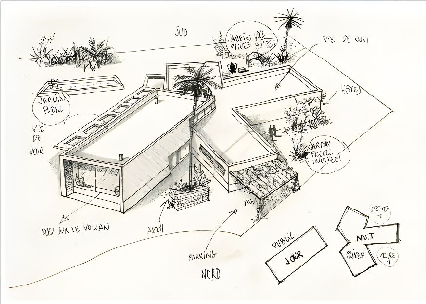 Un plano del diseño de un hogar con áreas exteriores, incluyendo plantas, un jacuzzi, y varias etiquetas en español y algunas en inglés.