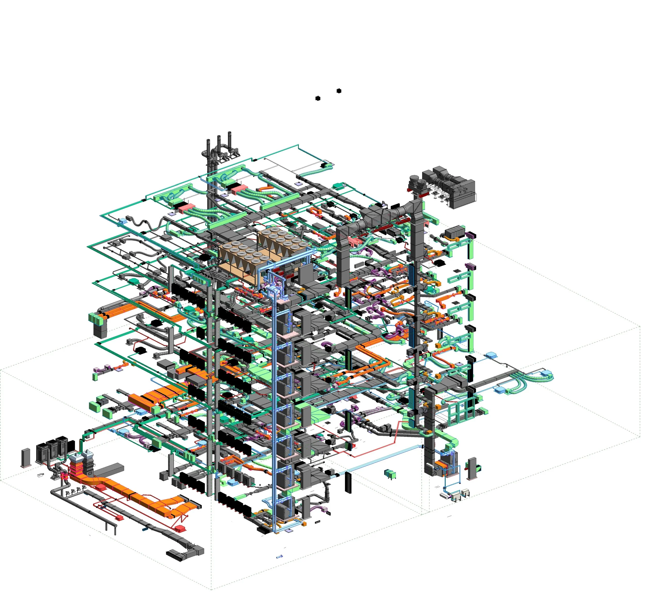 Detailed diagram of a complex multi-level data center server infrastructure with interconnected hardware, cooling systems, electrical components, and cabling.