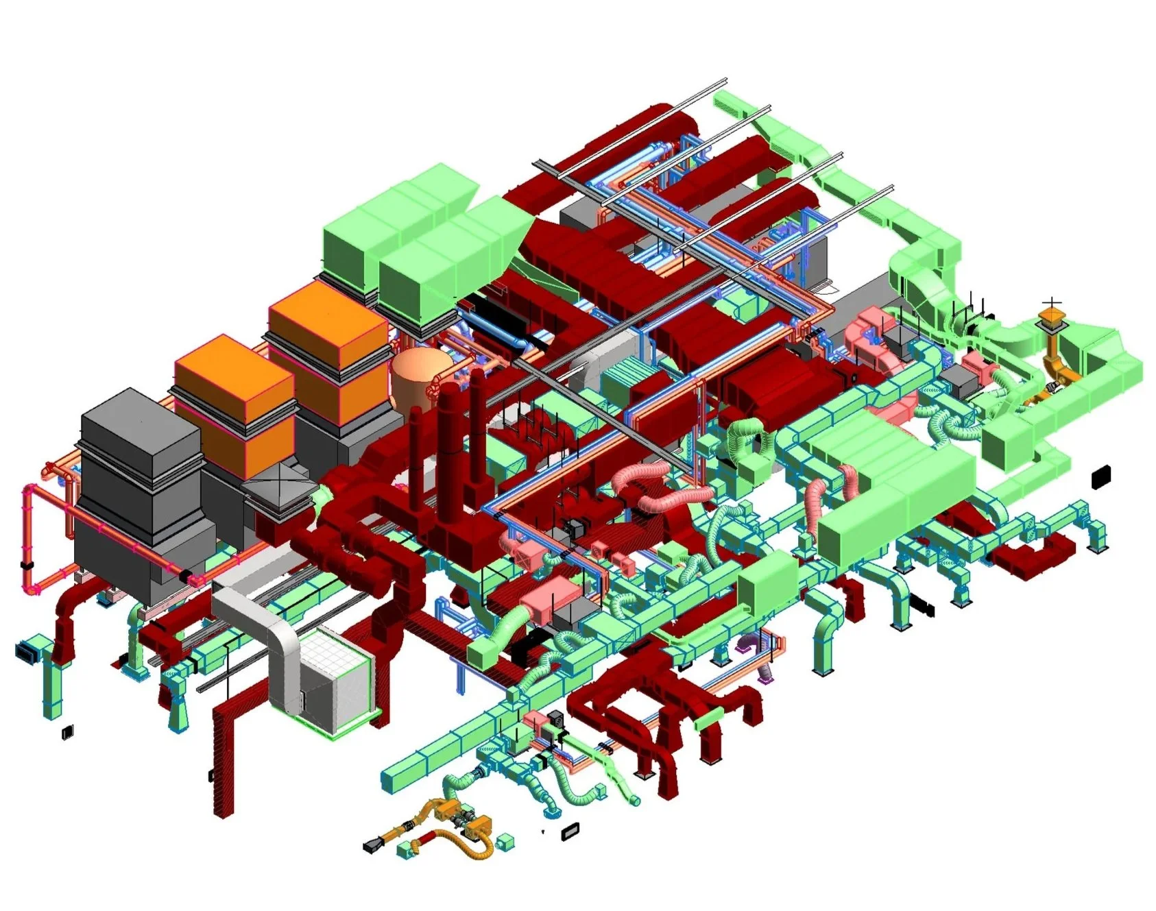 Colorful 3D schematic of a large industrial complex or energy plant with various interconnected machinery, pipes, and equipment.