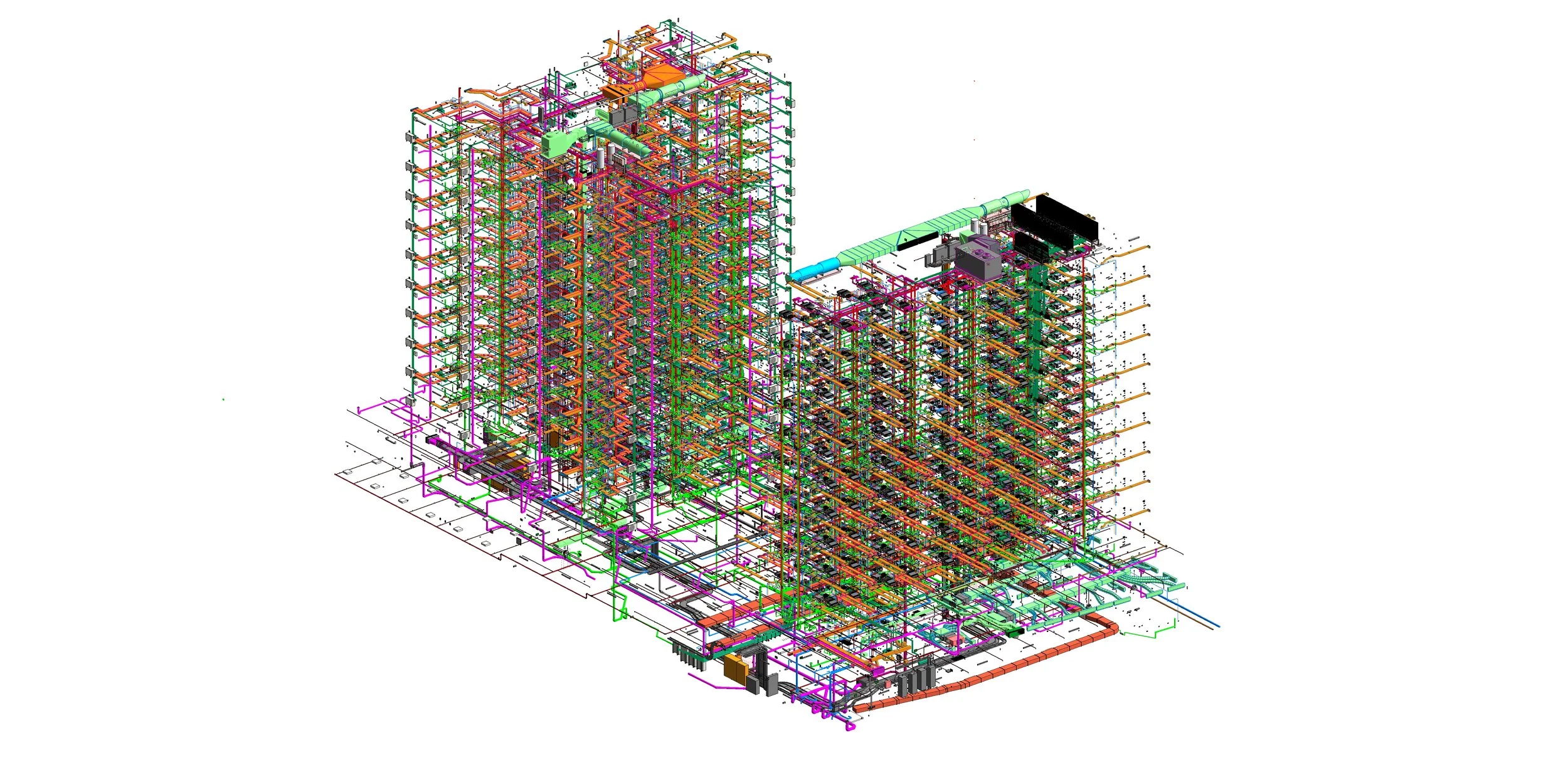 A detailed computer-aided design (CAD) model of a multi-story building's mechanical and electrical systems, showing complex piping, wiring, and structural elements.
