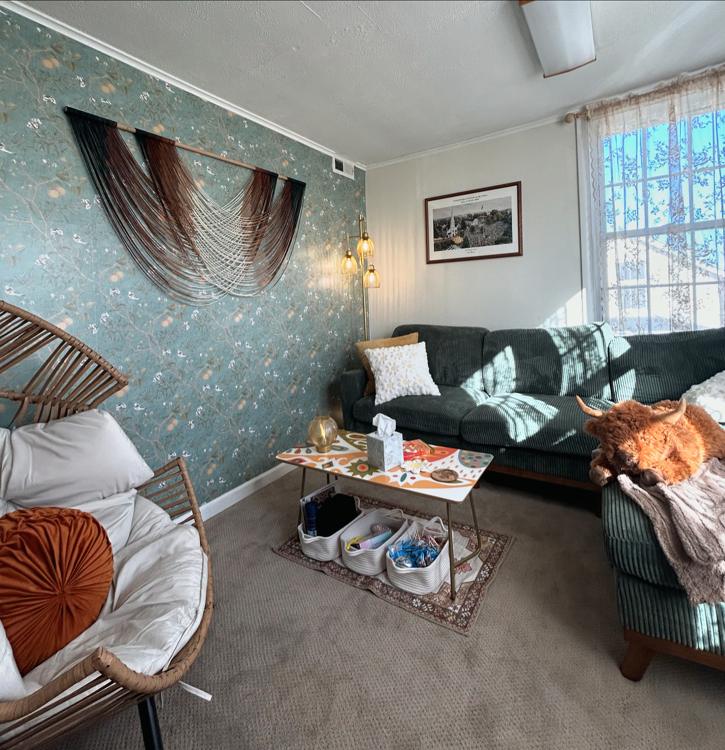 Living room with teal floral wall, wicker chair with white cushion and orange pillow, dark green sofa with pillows, sunlight through window, wall art, coffee table with tissue box, decorative items, and a furry creature on the sofa.