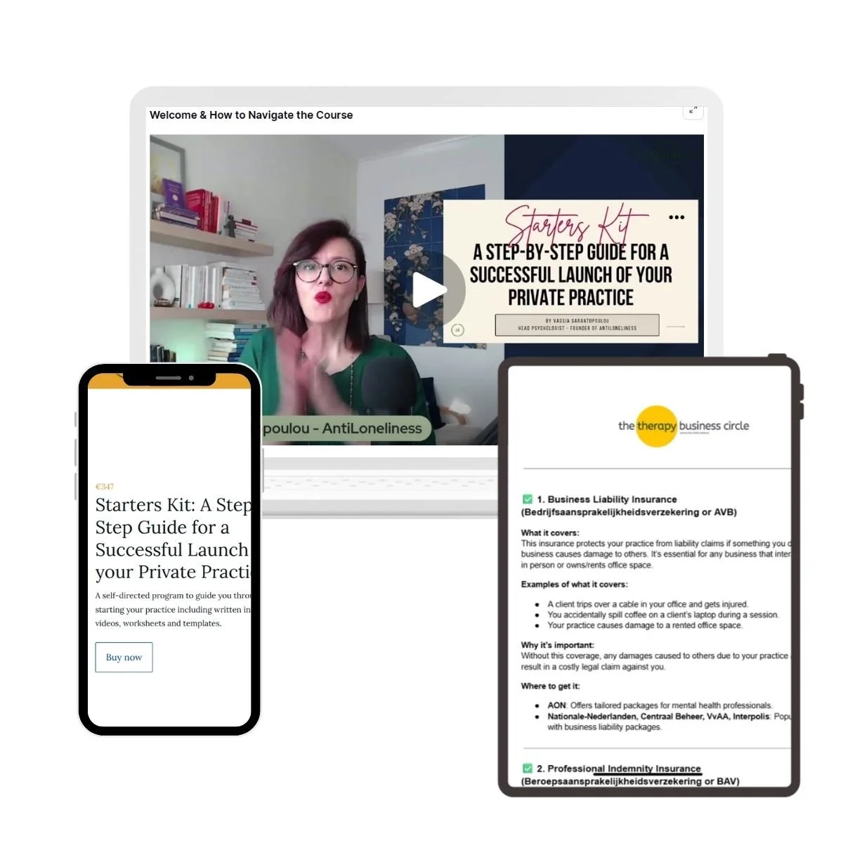 Mockup of the Starter’s Kit for therapists, showing checklists, templates, and step-by-step modules for building a private practice in the Netherlands.