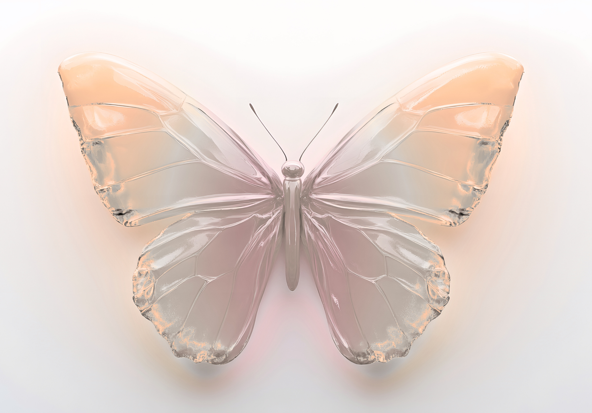 Eine stilisierte, halbkristalline Schmetterlingsskulptur mit transparenten, leicht rosafarbenen und organgenen Flügeln.