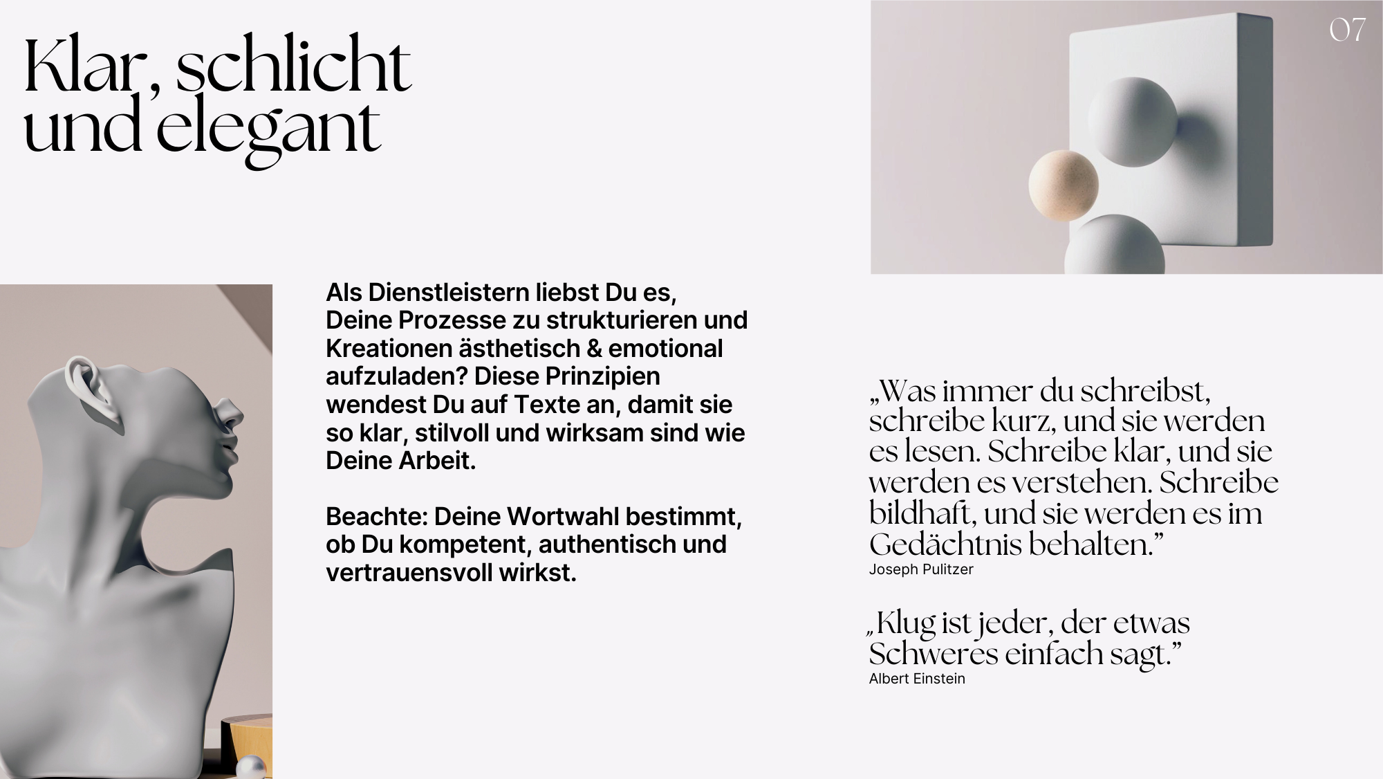 Design mit Texten und abstrakten Skulpturen. Im oberen rechten Bereich eine weiße Wand mit drei kugelförmigen Objekten auf einer quadratischen Platte. Im unteren linken Bild ein graues modelliertes Kopf-Skulptur. Links Text in Deutsch.