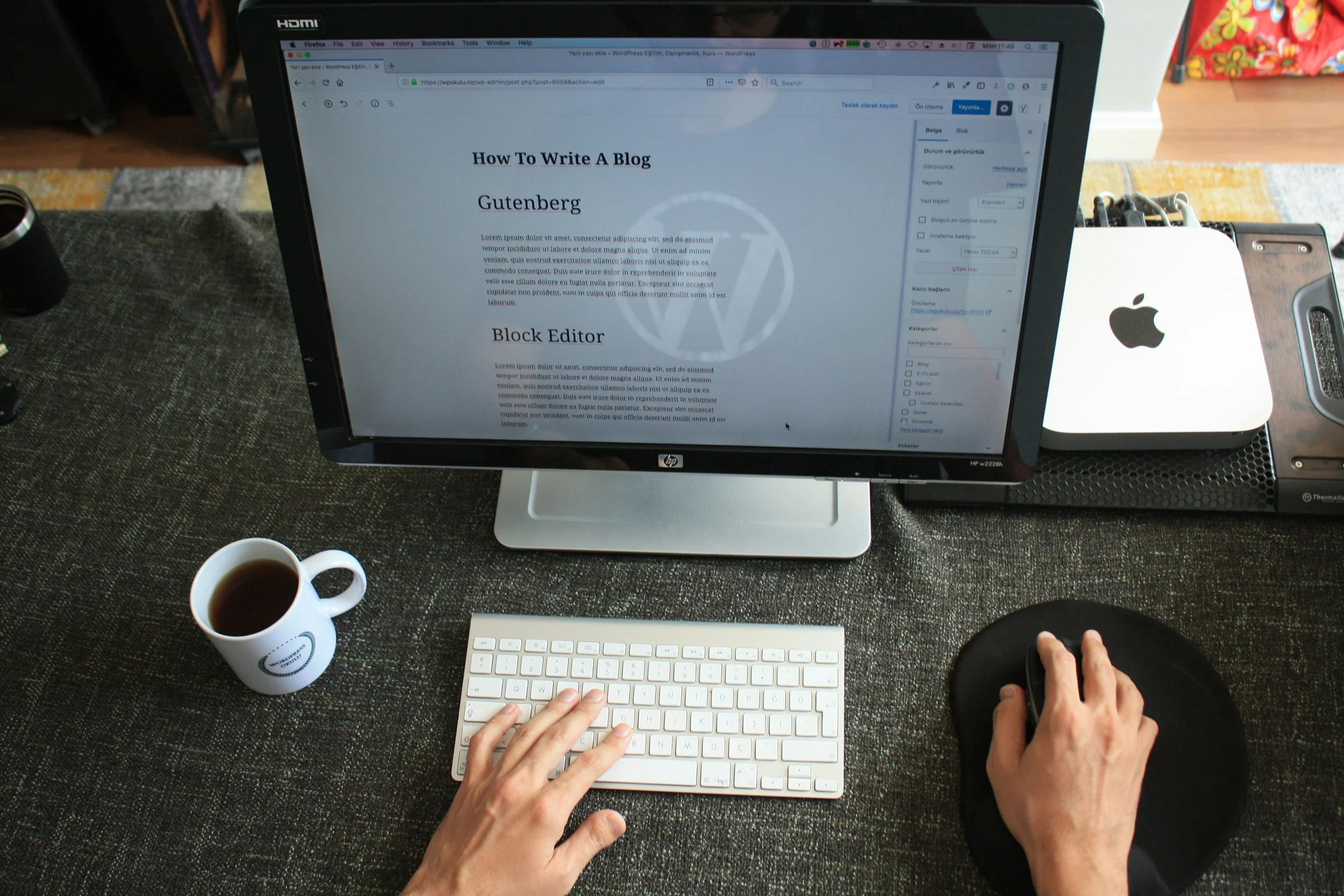 Schreitisch mit Desktop und Wordpress, davor Kaffeetasse, Tastatur zwei Hände, foto unsplah Fikret Tozak