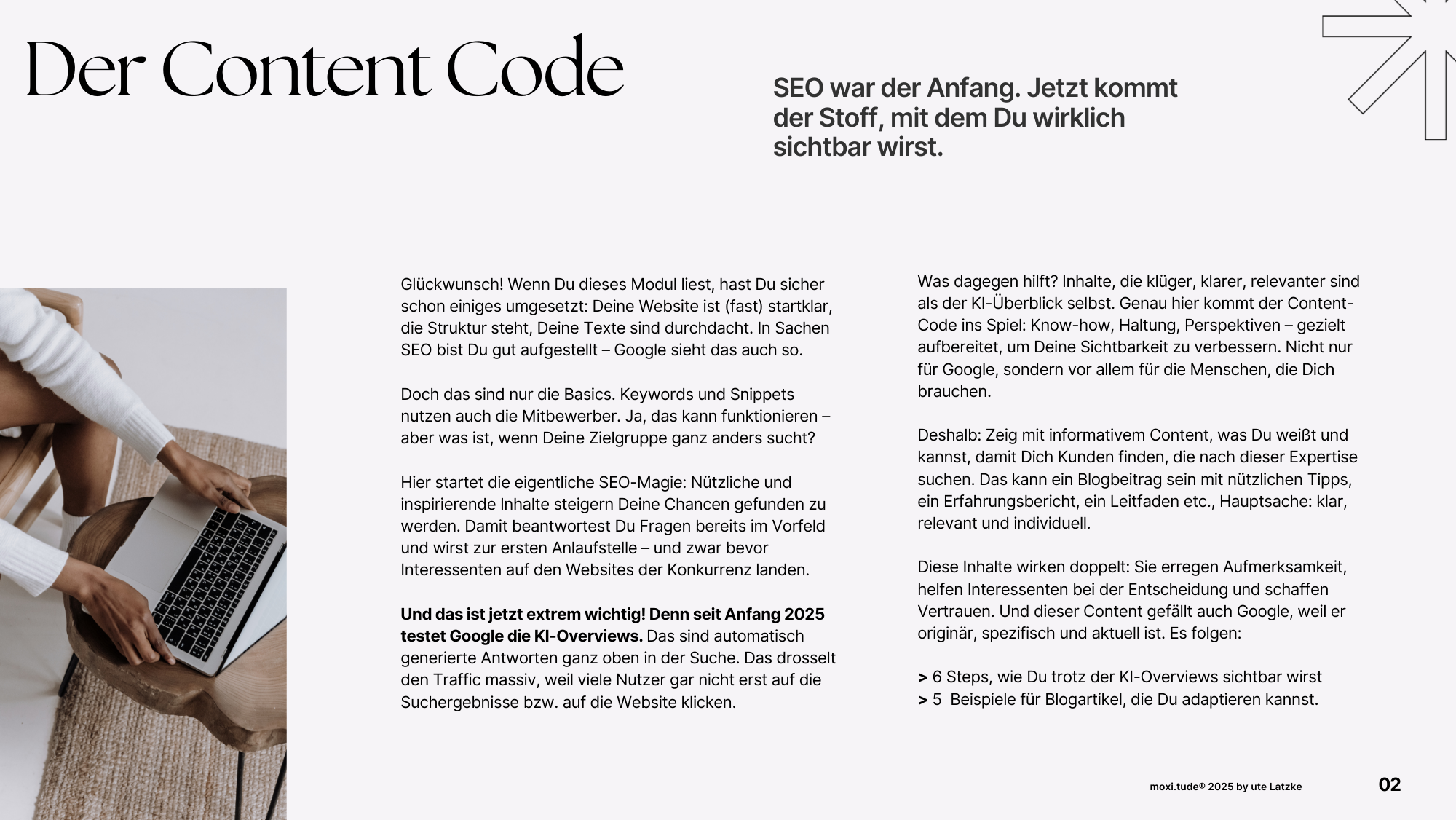 Ein Blog-Artikel über Suchmaschinenoptimierung (SEO), mit einem Bild einer Person, die auf einem Tablett sitzend an einem Laptop arbeitet, Seite mit Text über Content Code und SEO-Strategien.