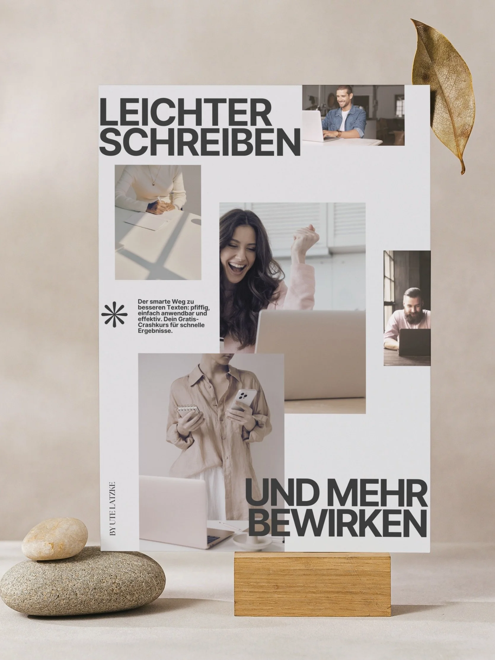 Cover vom Textcrashkurs auf Tisch mit Steinen, Stillleben