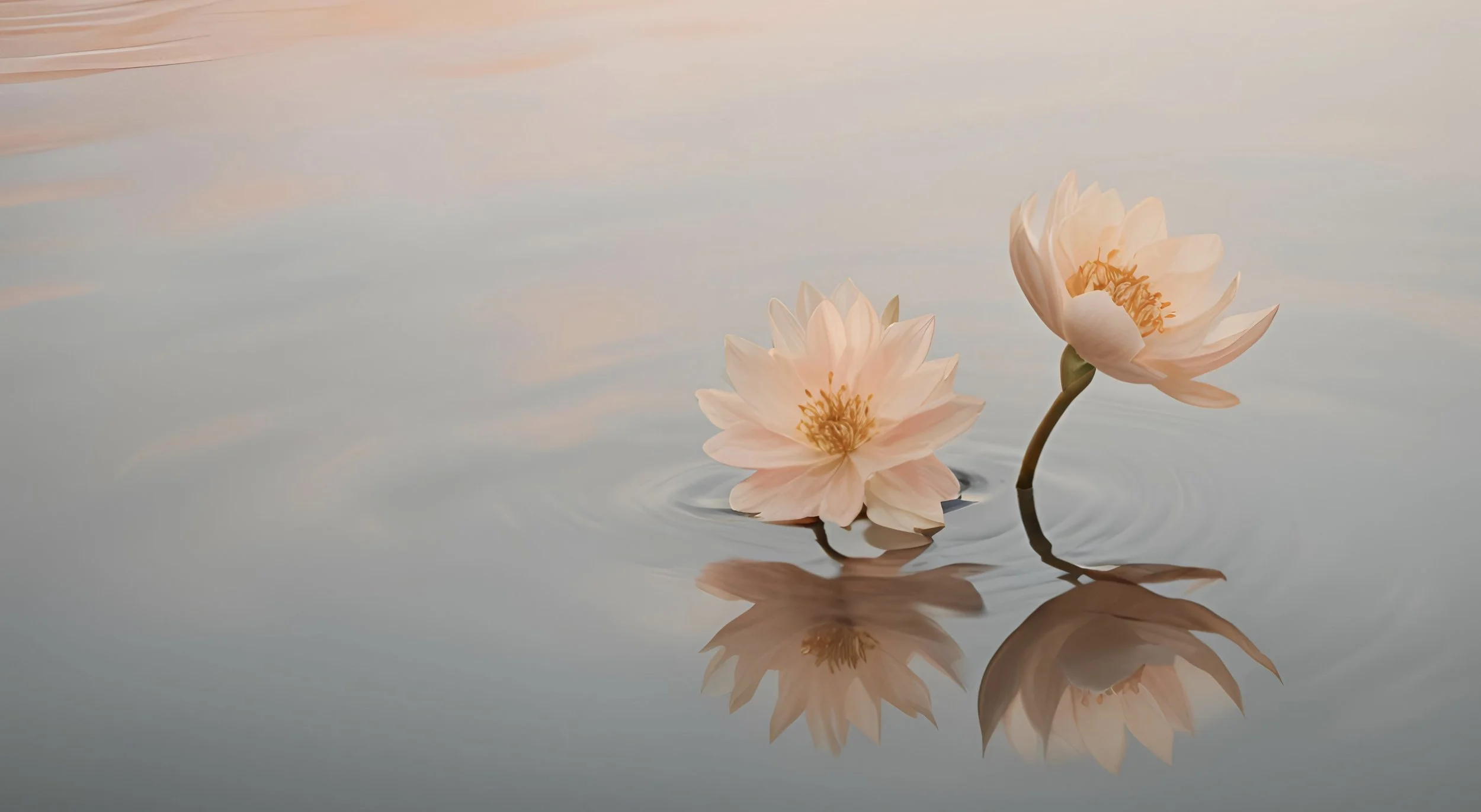 Zwei hellrosa Seerosen auf ruhigem Wasser mit reflektierten Blüten. Es ist ein KI-Bild von canva