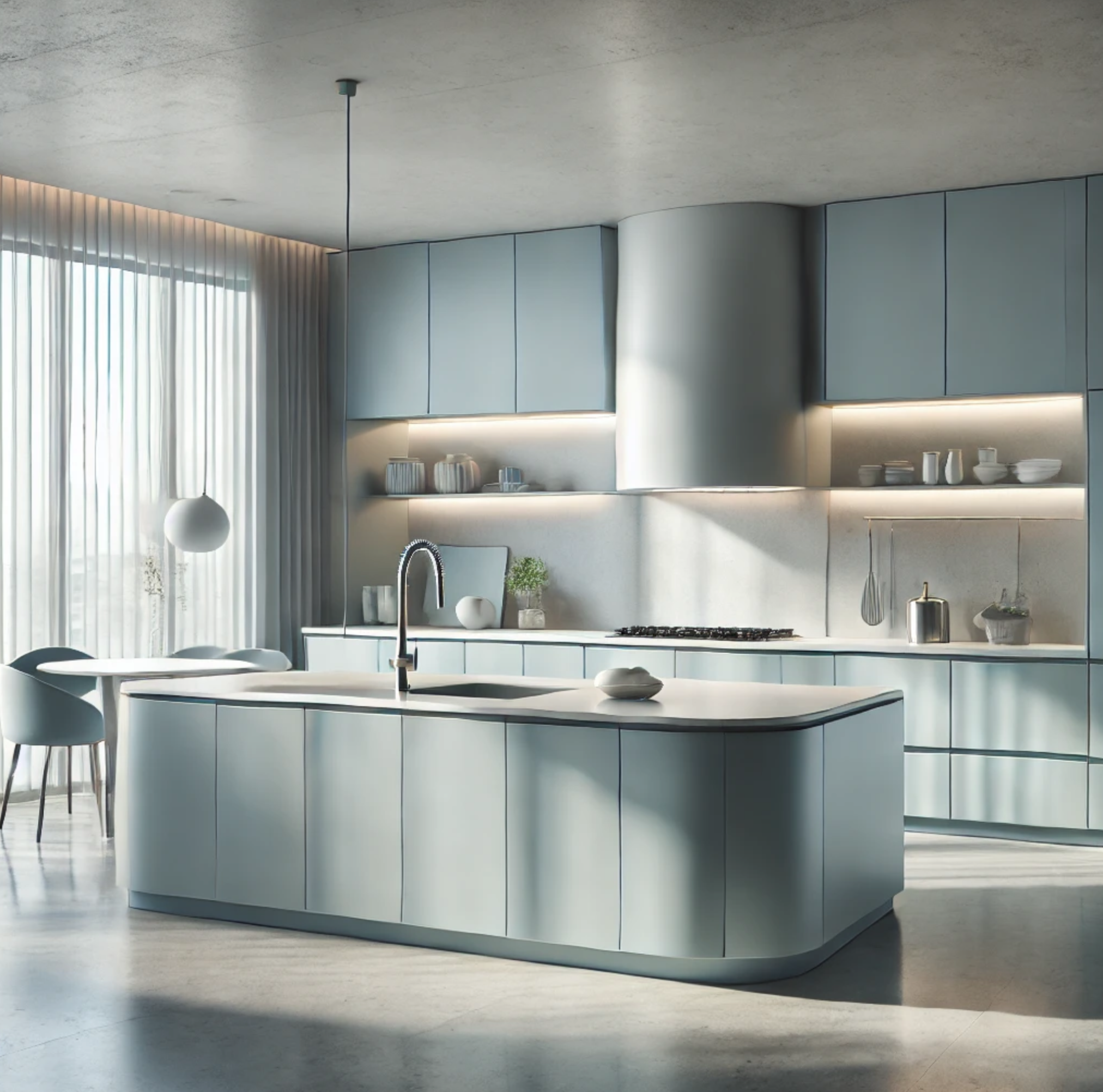 Modern minimalist kitchen with light blue cabinets, an island with a white countertop, and a large window with sheer curtains
