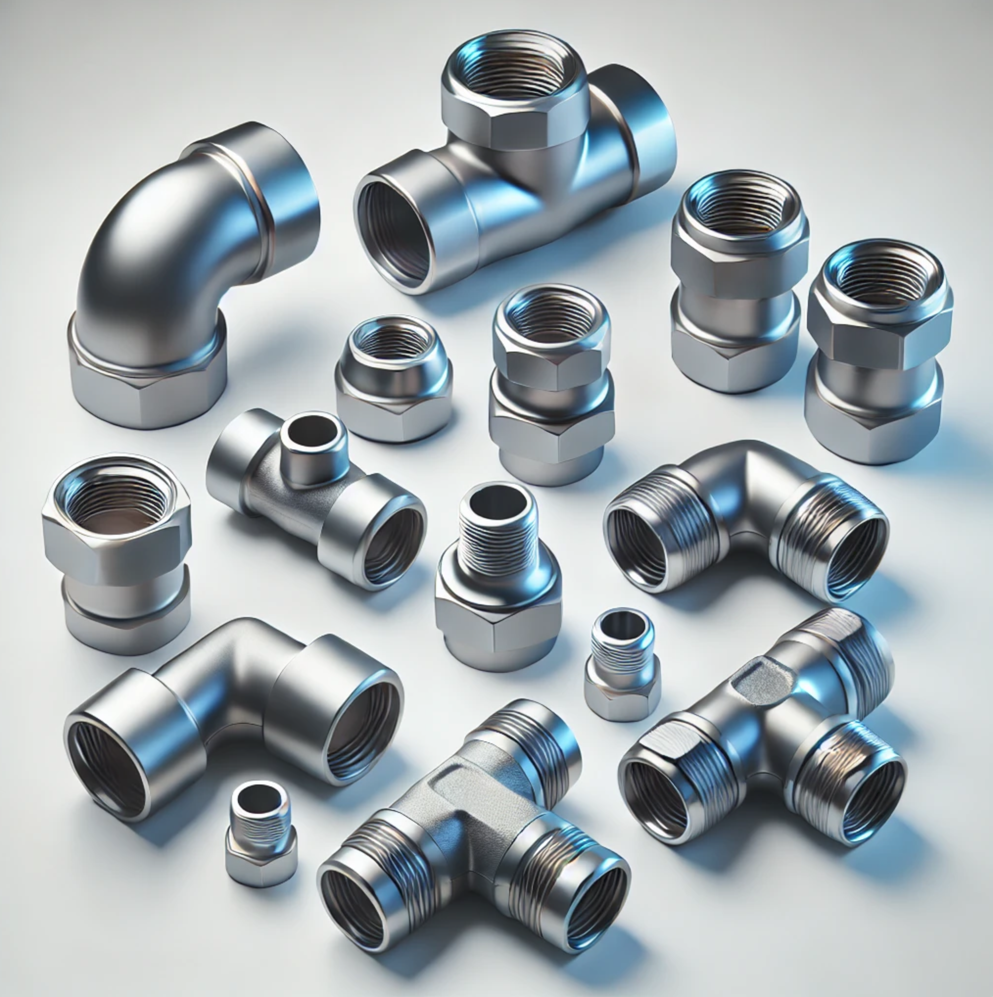 Various metallic pipe fittings including elbows, tees, couplings, and adapters arranged on a reflective surface.
