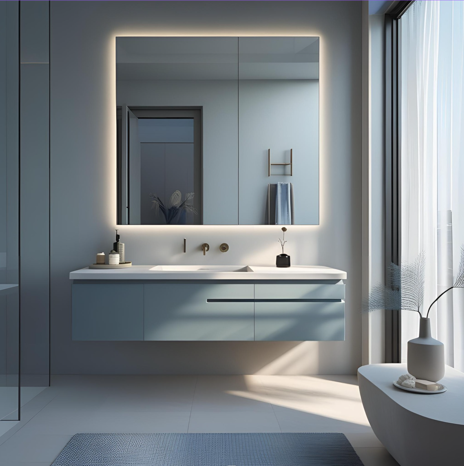 Modern bathroom with a large backlit mirror, floating vanity, and a white sink. There is a small black vase, soap dispenser, and skincare bottles on the vanity. To the right, a window with sheer curtains lets in natural light. A white vase with dried plants is on a round table in the foreground.