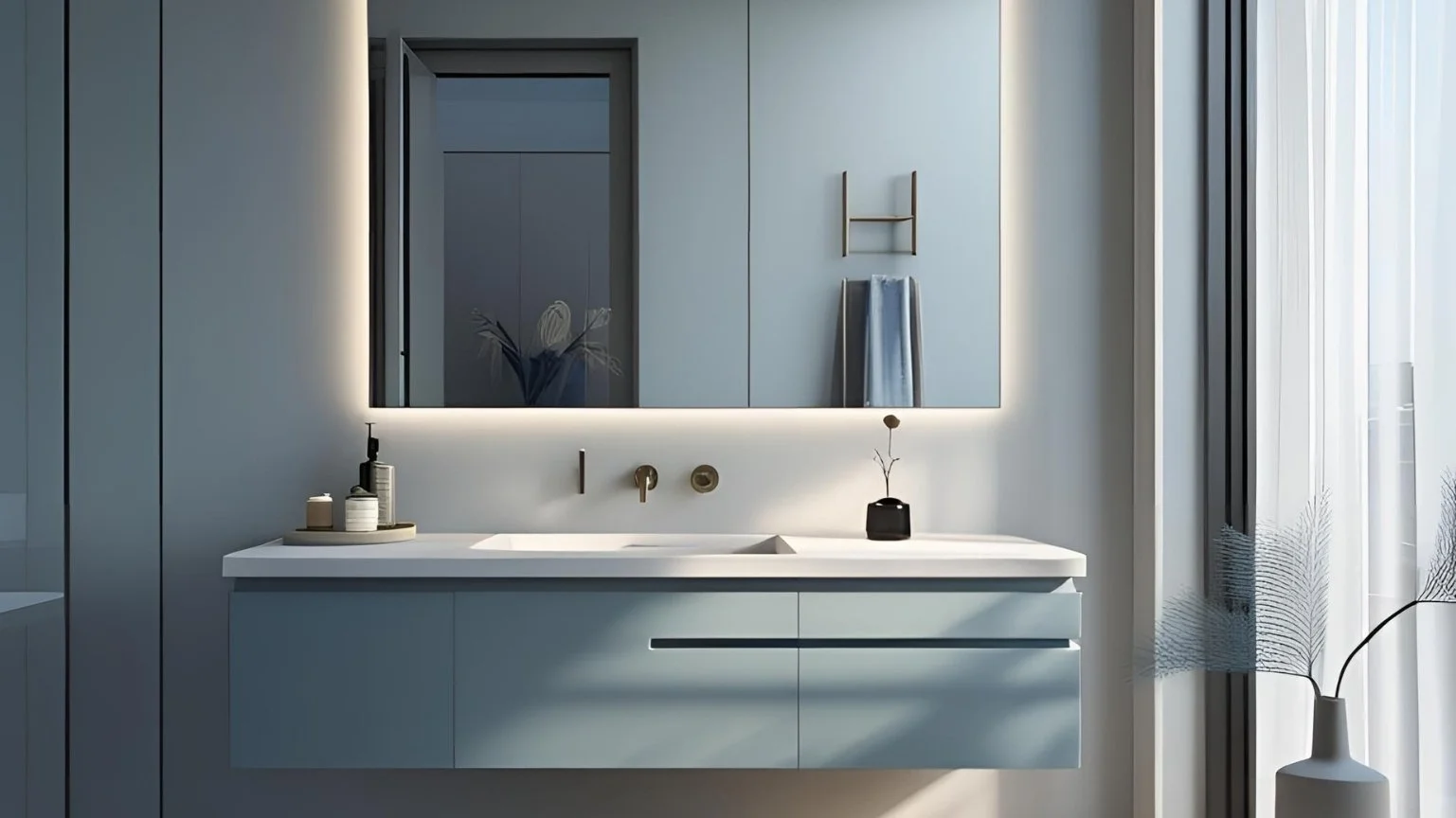 Modern bathroom with floating vanity, large mirror with backlighting, minimal decor including bottles, a small vase with a flower, and a towel hanging on a wall hook. Natural light enters through sheer curtains.