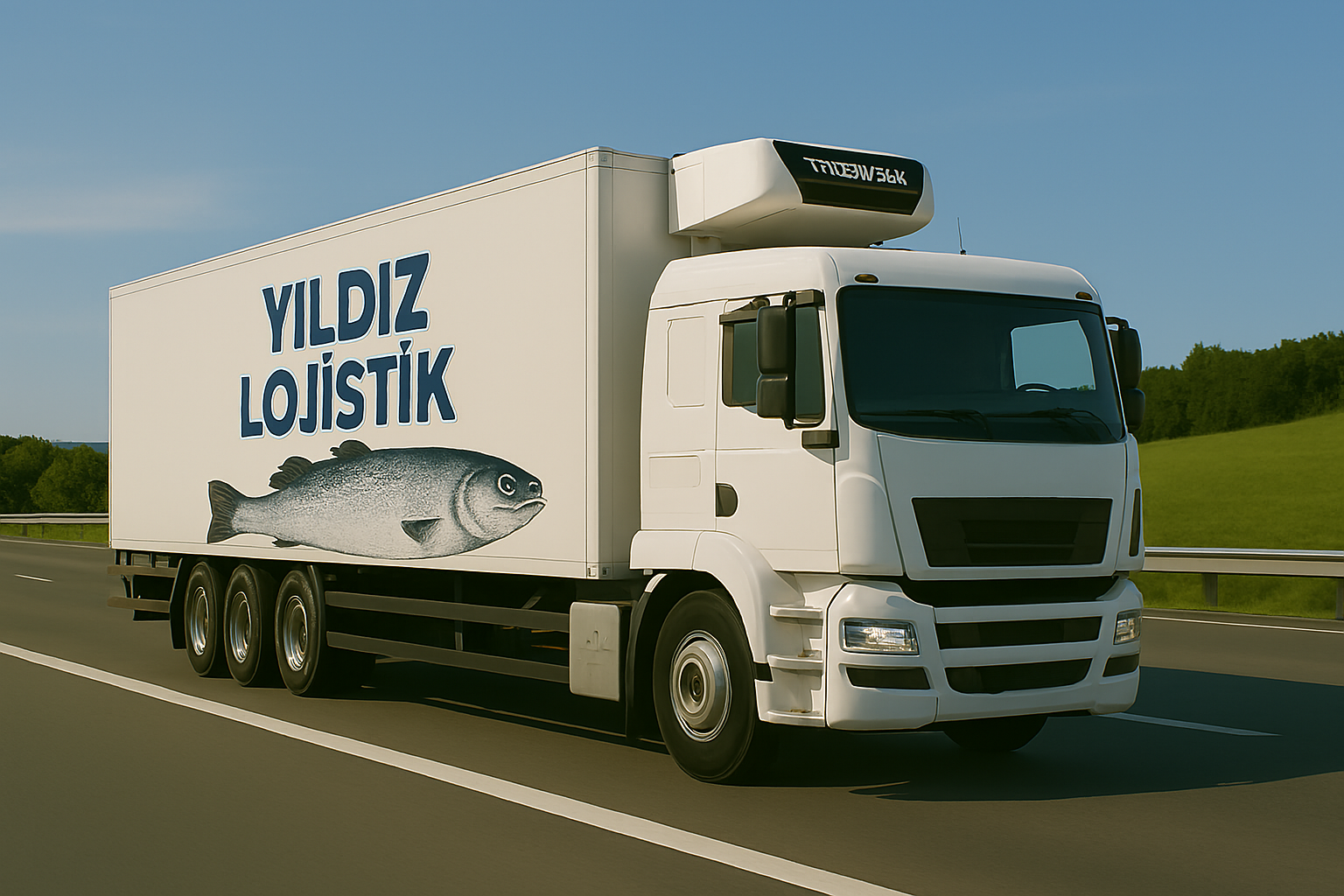Beyaz renkli lojistik kamyonu, üzerinde büyük balık resmi ve 'YILDIZ LOJİSTİK' yazısı bulunuyor, yolda ilerliyor.