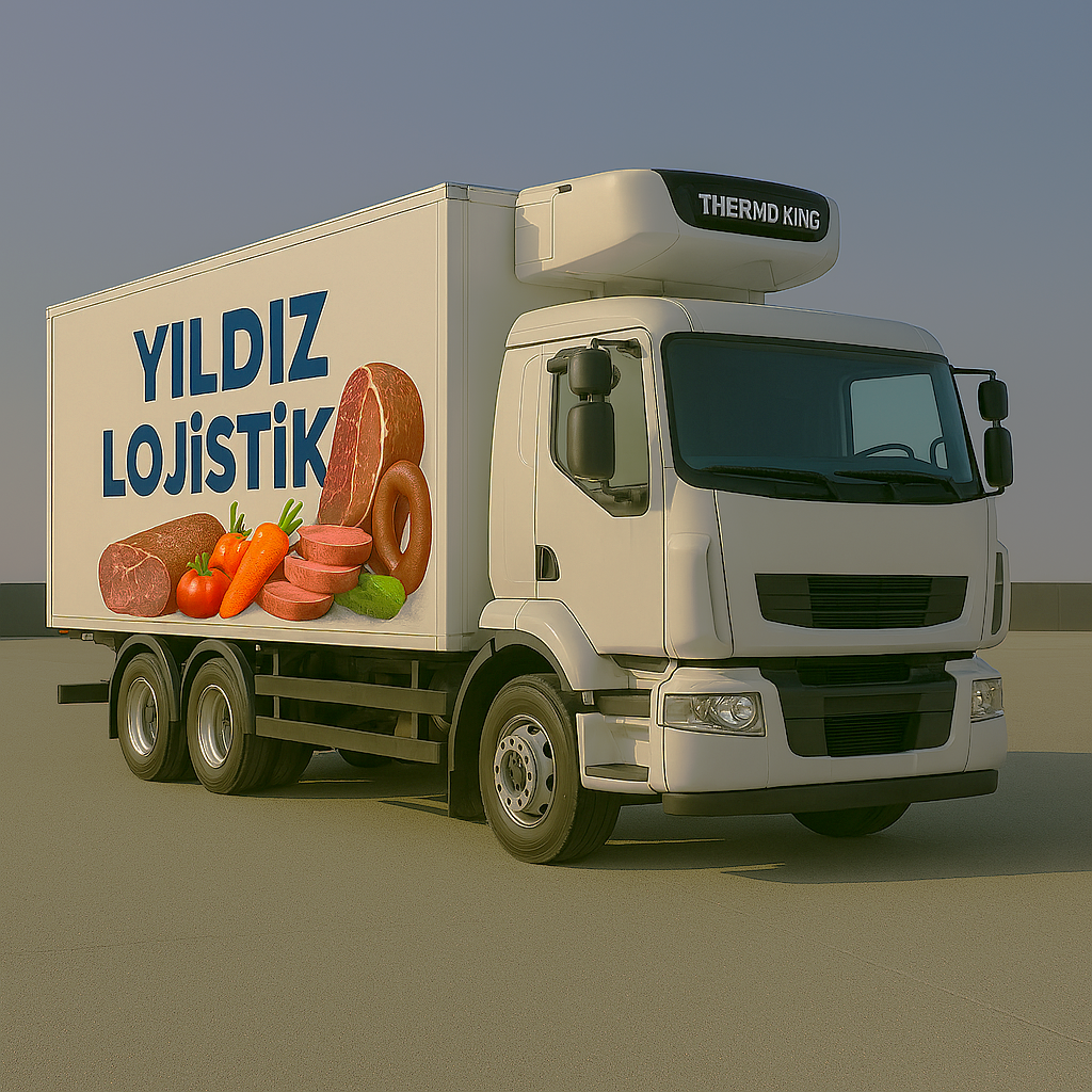 Yıldız Lojistik firmasına ait bir kamyon, üzerinde et, sebze ve birkaç tür salamın resmi var.