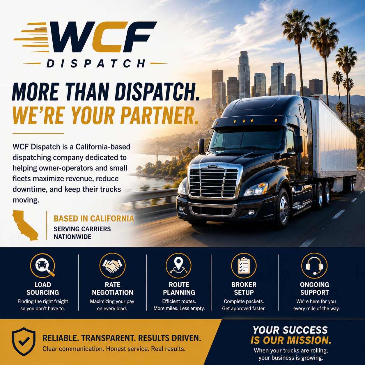 A promotional image for WCF Dispatch featuring a black semi-truck driving with a city skyline and palm trees in the background. The text highlights services such as load sourcing, rate negotiation, route planning, broker setup, and ongoing support, emphasizing reliability and transparency.