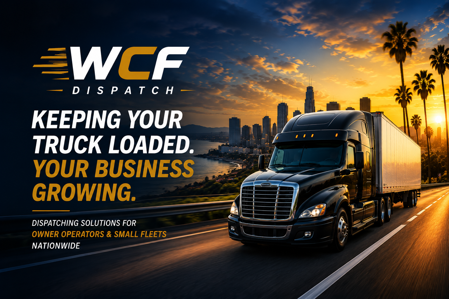 Black semi-truck driving on a highway at sunset with a city skyline in the background and palm trees along the road