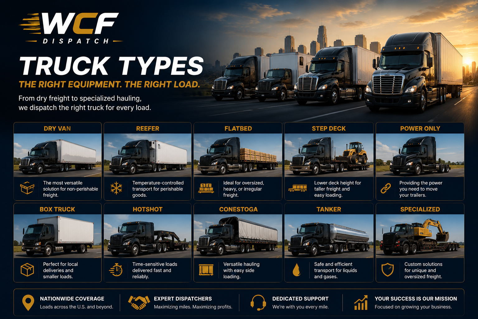 An infographic displaying various types of freight trucks, including dry van, reefer, flatbed, step deck, power-only, box truck, hotshot, conestoga, tanker, and specialized. Each type is shown with an image and description of its purpose or features. In the background, several trucks are driving on a road with a city skyline at sunset.