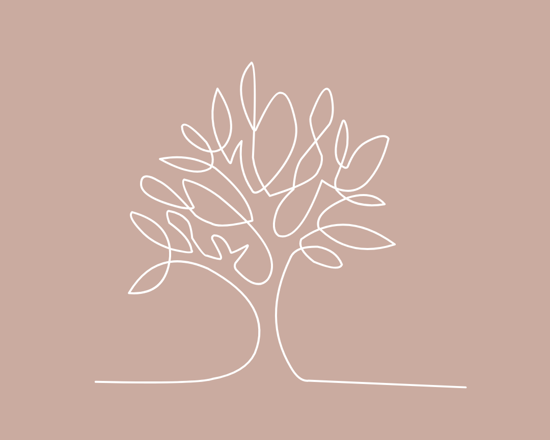 Minimalist line drawing of a tree with leaves on a beige background.