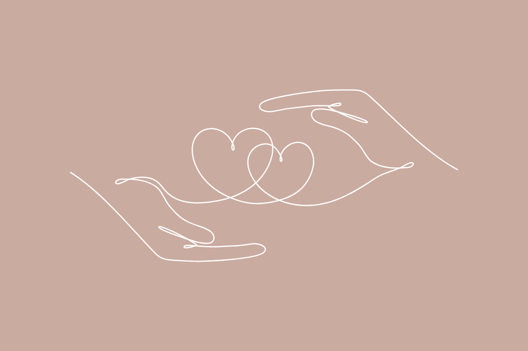 Minimalist line art of two hands holding three interlinked hearts on a beige background.
