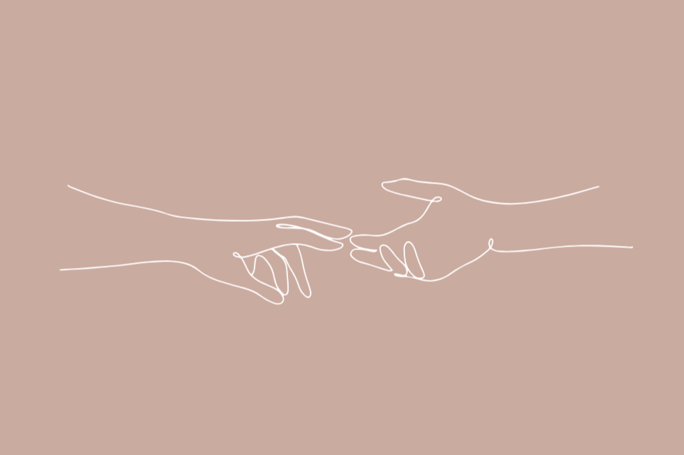 Minimalist line drawing of two hands reaching towards each other against a light brown background.