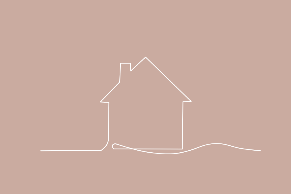 Minimalist line drawing of a house on a light brown background.