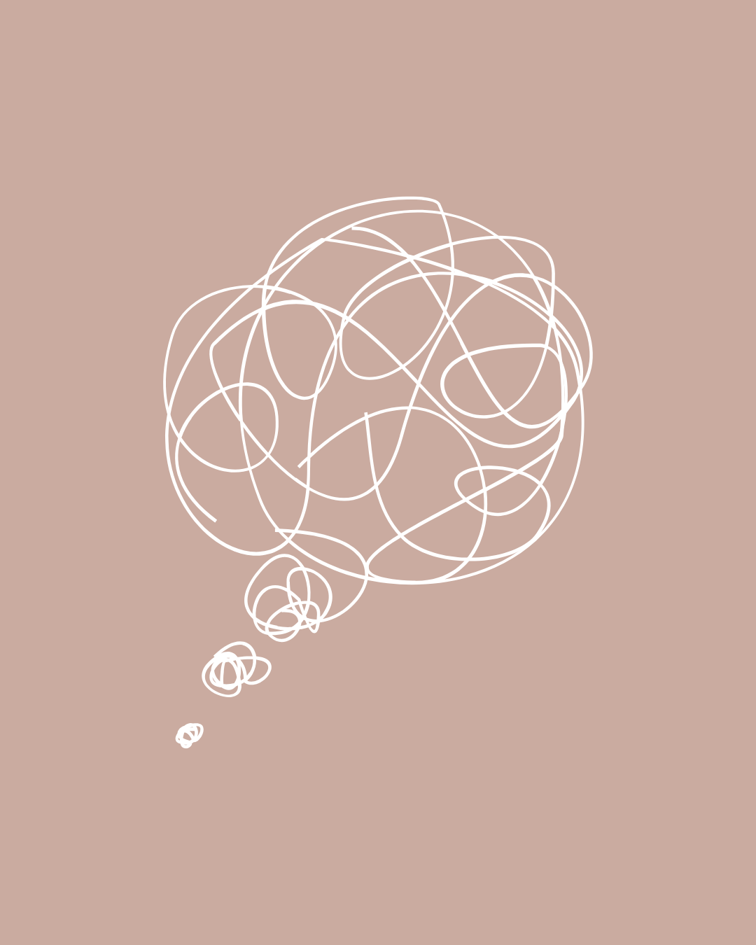 Abstract digital drawing of a thought bubble made of tangled white lines on a beige background.