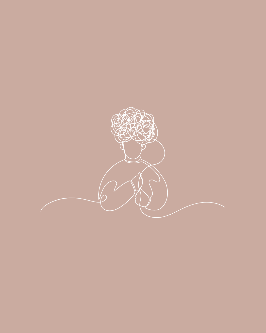 Minimalist line drawing of a person with curly hair, holding an umbrella, on a beige background.