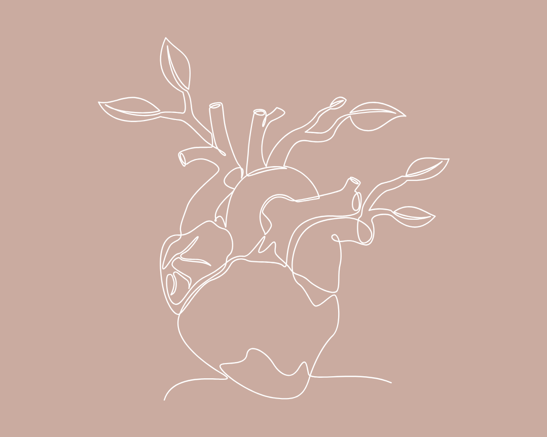 Minimalist line art illustration of a human heart with plant-like branches and leaves growing from it on a beige background.