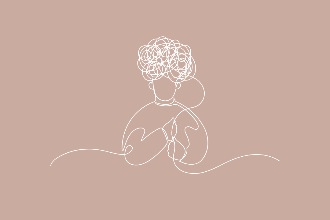 Line drawing of a person with curly hair, holding a small dog, on a beige background.