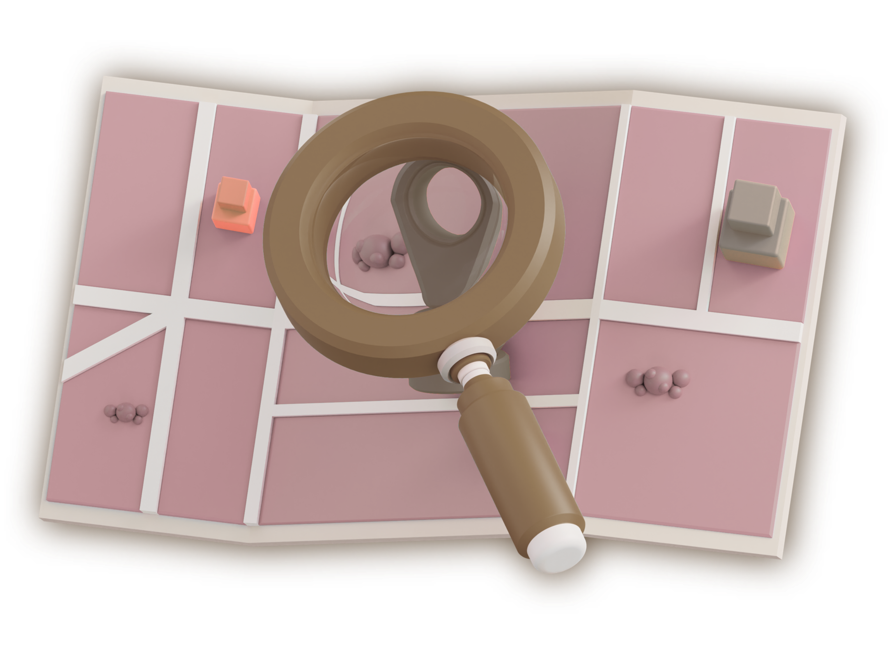 Open scrapbook with pink and brown pages, a magnifying glass resting on it, and various small objects like pink and beige cubes and gray clusters arranged on the pages.