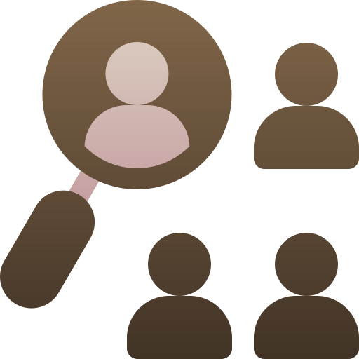 Magnifying glass focusing on a person's icon among other user icons.