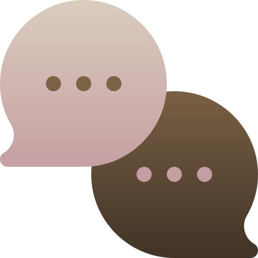 Two overlapping chat bubbles, one beige with three dots, the other brown with three dots.