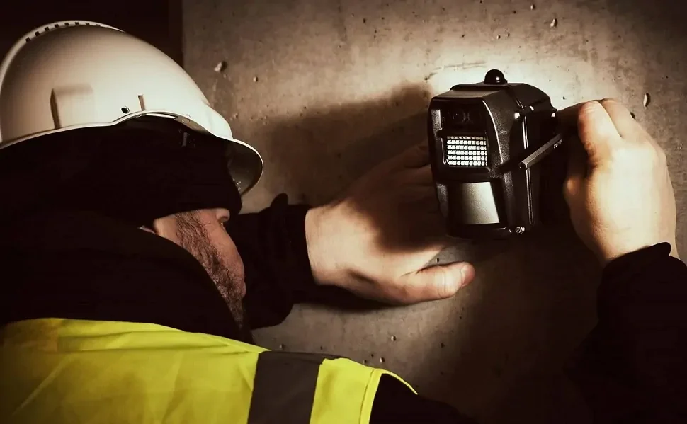 A construction worker wearing a white safety helmet and yellow safety vest inspecting or photographing a concrete surface with a digital camera.