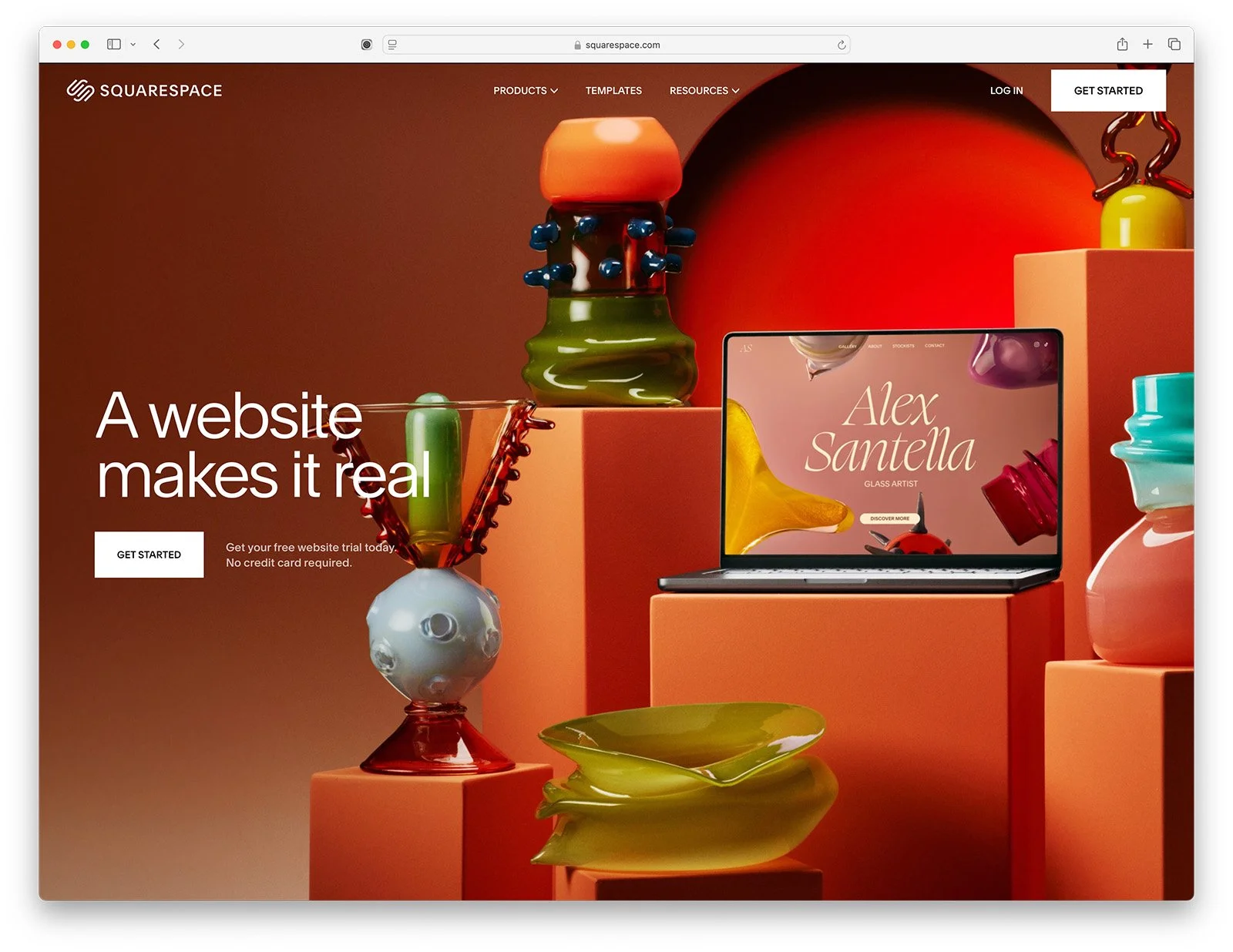Screenshot of Squarespace homepage featuring colorful glass art and a laptop showing a website for artist Alex Santella, with text 'A website makes it real' and a call to action to get started.
