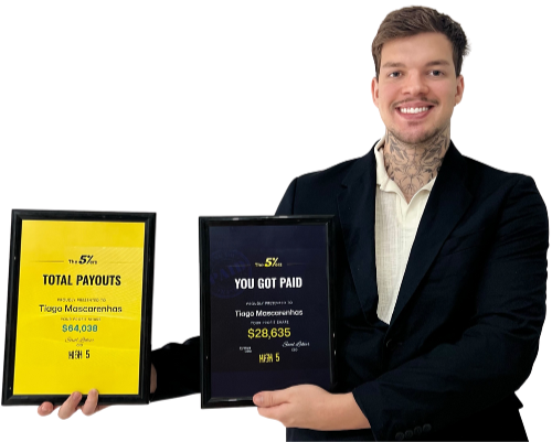 Tiago Mascarenhas, founder of The Funded Trader Blueprint, proudly displaying two The 5%ers payout certificates: one for total payouts of $84,038 and another showing a $28,635 recent payout.