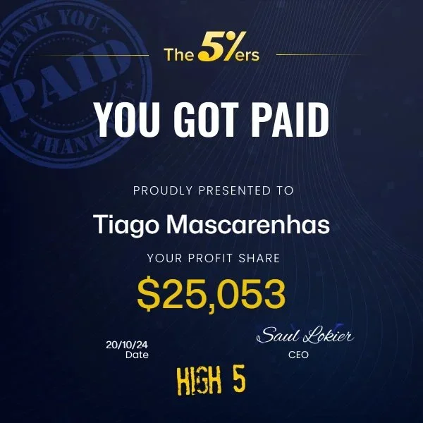 Verified $25,053 prop firm payout proof from Tiago Mascarenhas’ Funded Trader Blueprint trading mentorship program.
