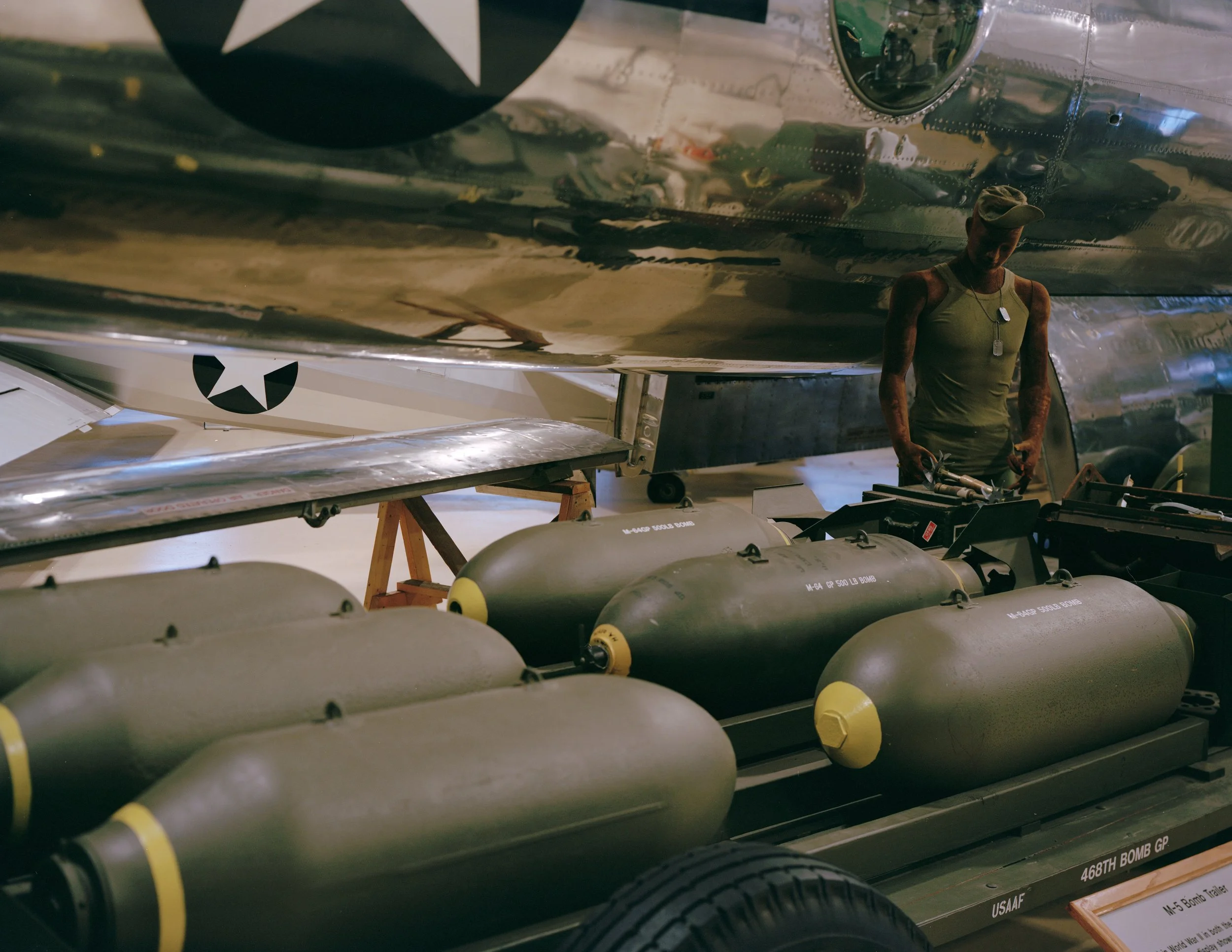 Mannequin depicted loading high-explosive bombs onto a Boeing B-29 "Superfortress," Northeast Air Museum, Windsor Locks, CT, USA, 2025